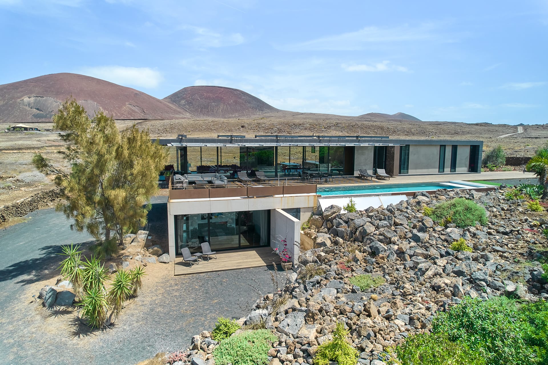 Aerial view of the villa and infinity pool